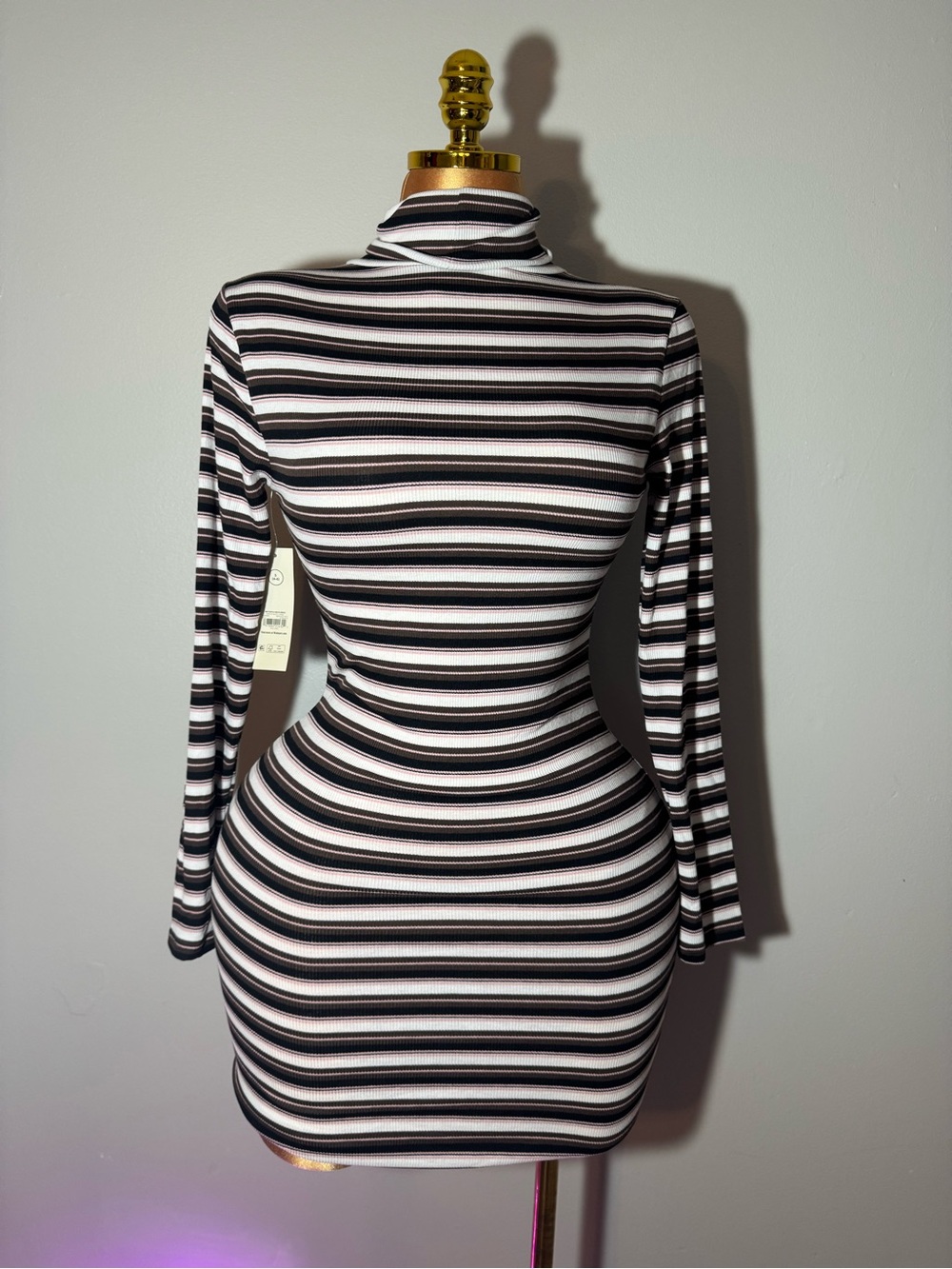 Striped Turtleneck Mini Dress in Black, White & Pink